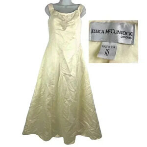 Jessica McClintock Off Shoulder Champagne Satin Wedding Gown Dress Sz 10 Beaded
